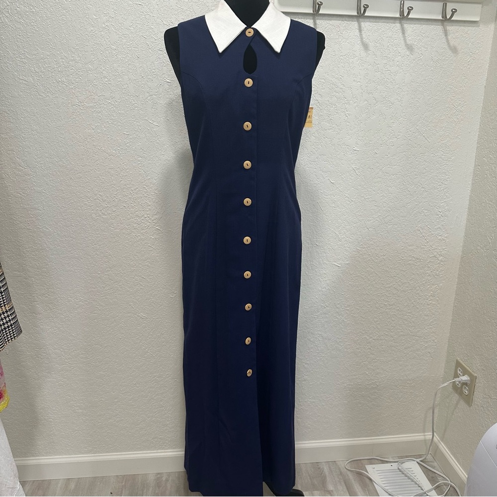 Vintage Sunset by Sylvia Robert’s Navy Blue Maxi Dress with White Collar